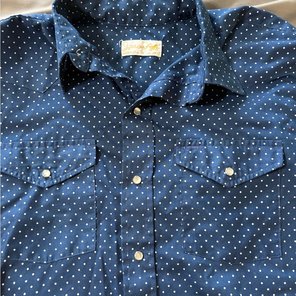 VTG Men's Navy Blue WESTERN Polka Dot pearl snap Shirt - Picture 2 of 11
